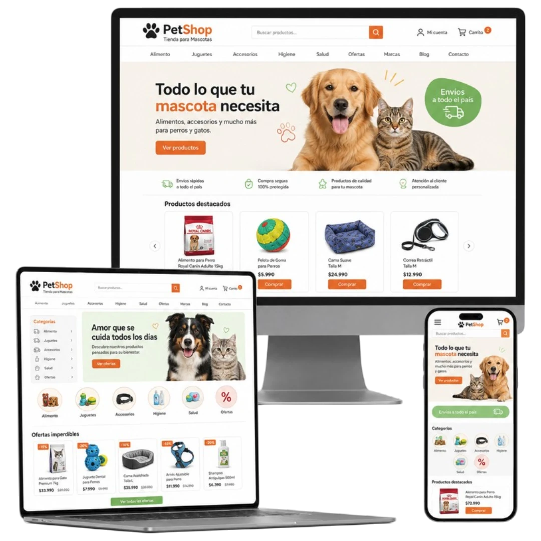 Mockup de tienda online para mascotas mostrado en celular, notebook y monitor, con diseño ecommerce moderno y fondo blanco