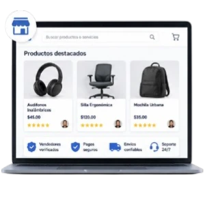 Mockup de plataforma marketplace con usuarios, productos y panel de gestión