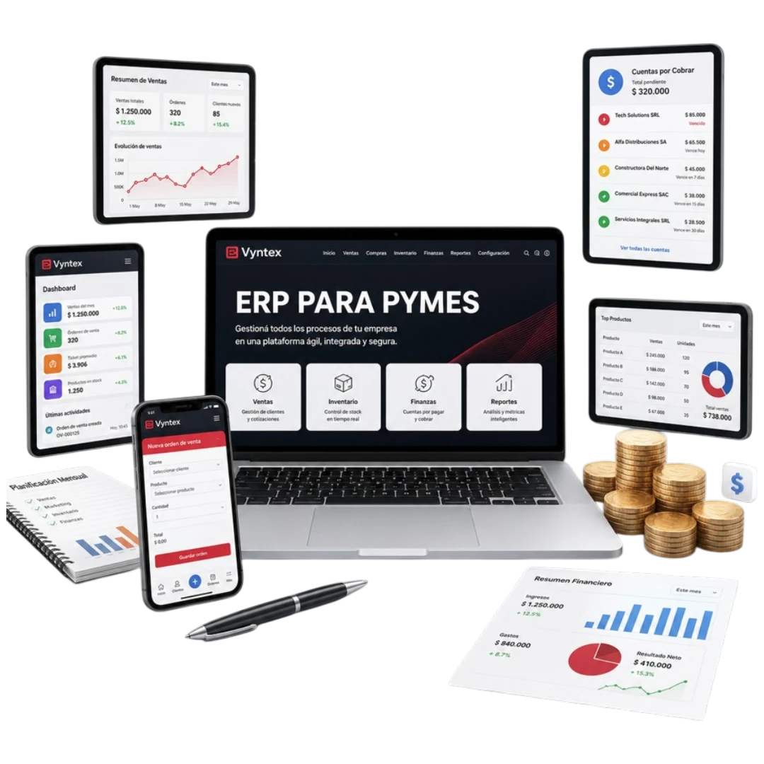 Mockup de software ERP para pymes con módulos de ventas, inventario, finanzas, reportes y cuentas por cobrar