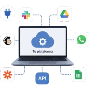 Persona trabajando en integraciones digitales entre plataforma web, bases de datos y sistemas externos