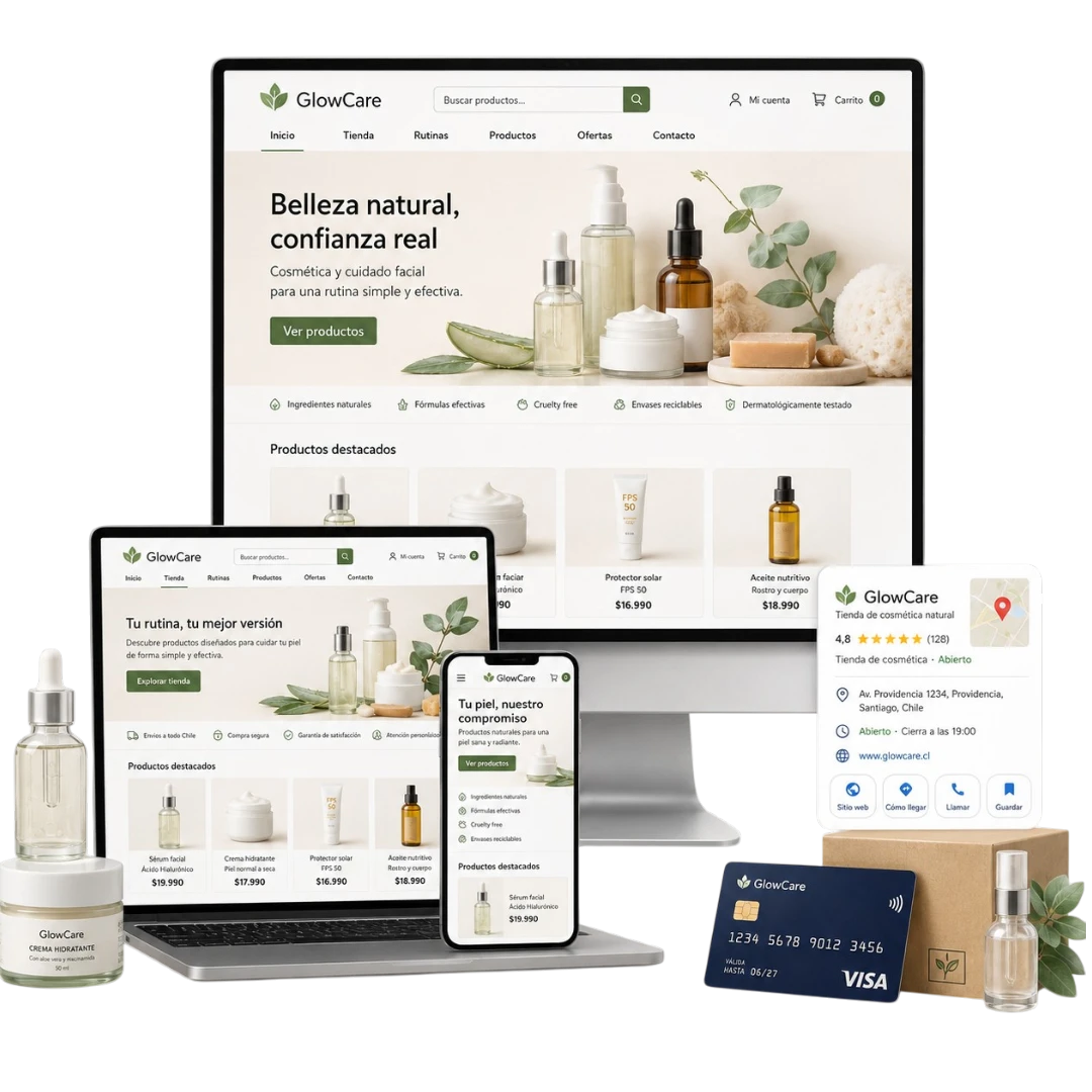 Mockup ecommerce de cosmética natural Mockup de tienda online de cosmética natural en monitor, notebook y celular con productos, ficha comercial y tarjeta de crédito