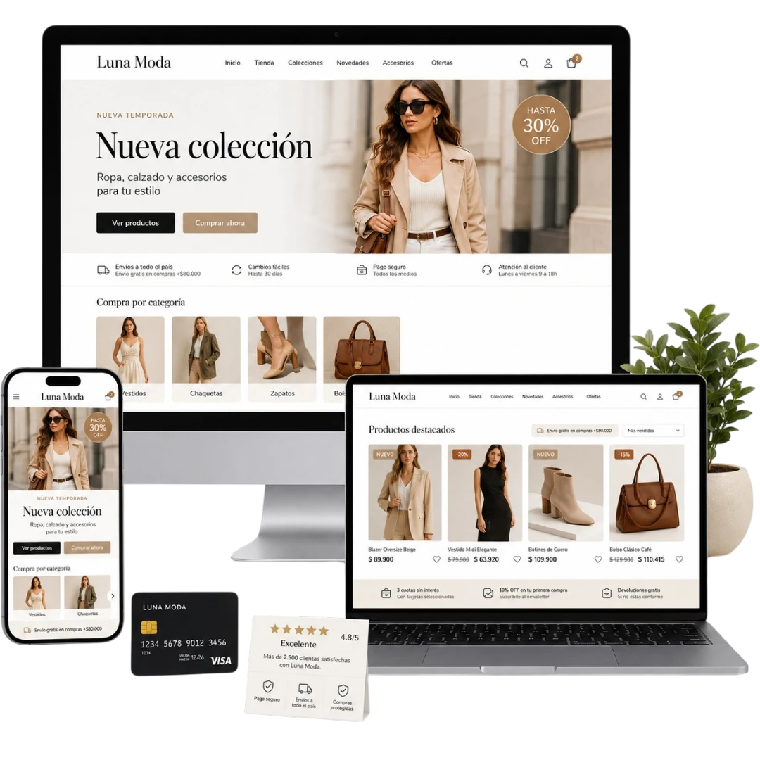 Mockup de tienda online de moda en monitor, notebook y celular con productos, carrito, reseñas y tarjeta de crédito