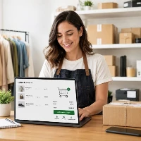 Emprendedora revisando carrito de compras online en notebook