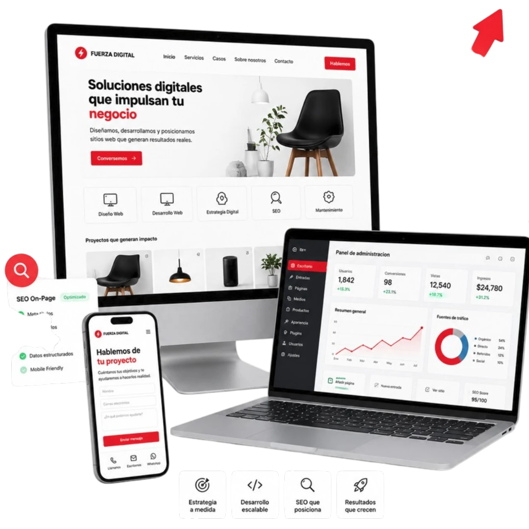 Mockup de soluciones digitales para negocio con sitio web, panel administrativo, métricas SEO, formulario móvil y crecimiento online
