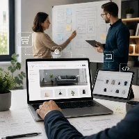 Emprendedores trabajando en una tienda online con productos y envíos