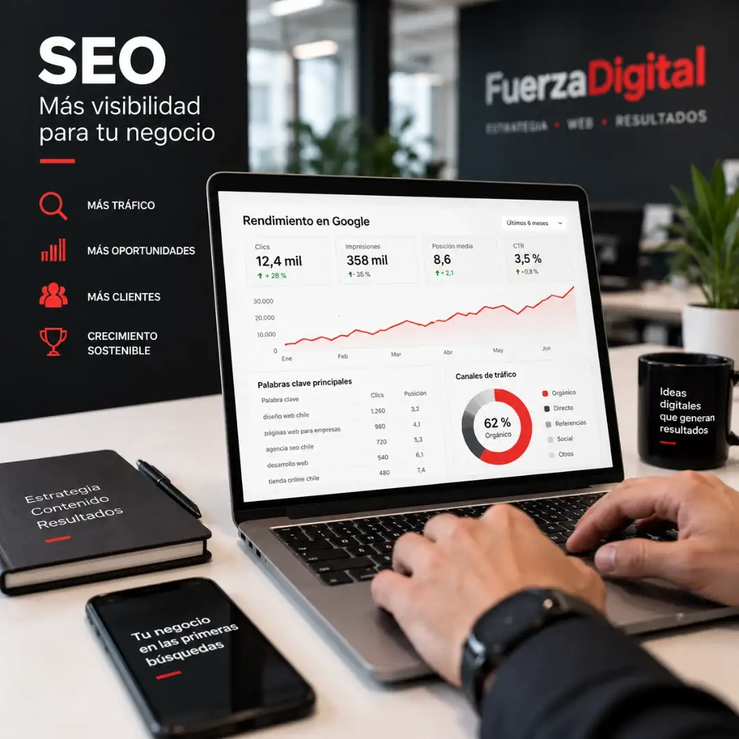 Agencia SEO revisando métricas de posicionamiento web, tráfico orgánico y optimización técnica